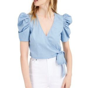 NWT Bar Iii Chambray Puffed-Sleeve Wrap Top Size M